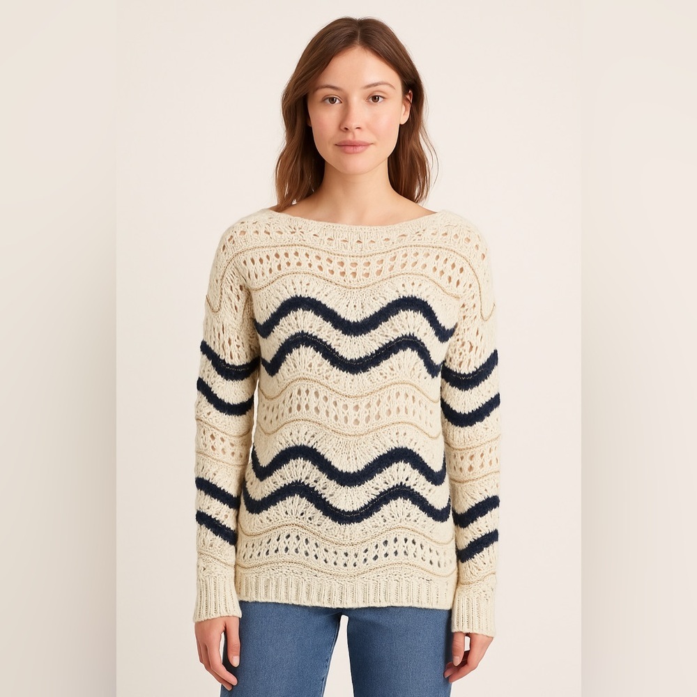 Chunky knit tan, black and metallic gold sweater. Retro striped. Long sleeve